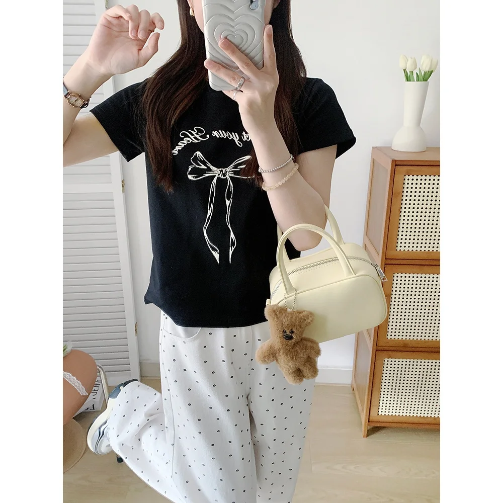 

Футболка UVPU с бантом, женская, повседневная, летняя, с круглым вырезом, стандартной длины, топ