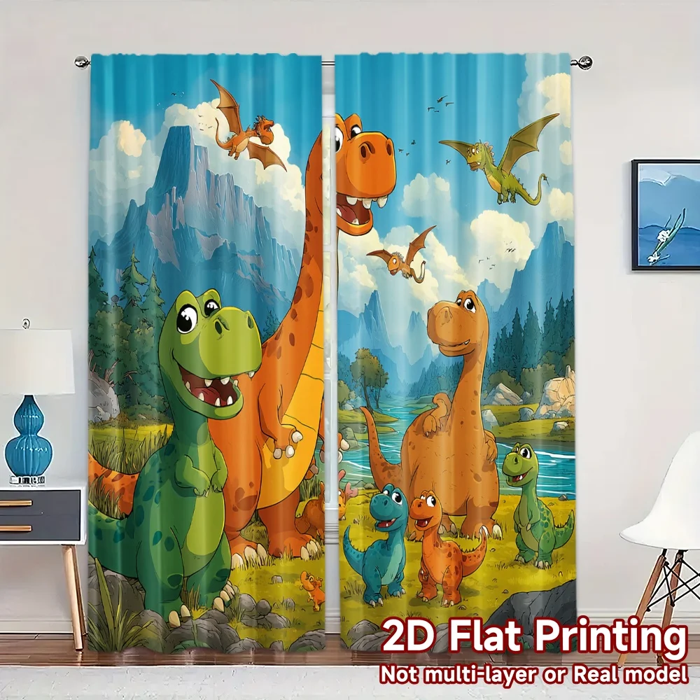 2D Flat Printing,JIT 2pcs, Curtains (Without Rod) Dino Adventure Modern Curtain Fabric 100% Polyester Curtains Versatile All