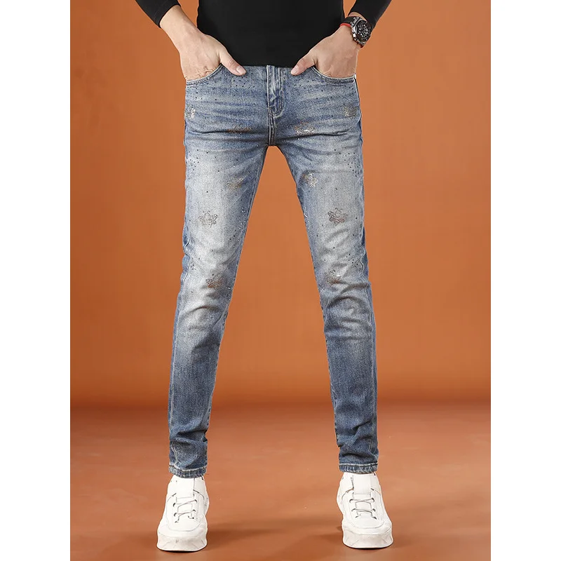 

Высококачественные джинсы с принтом, мужские эластичные уличные модные узкие брюки, осень