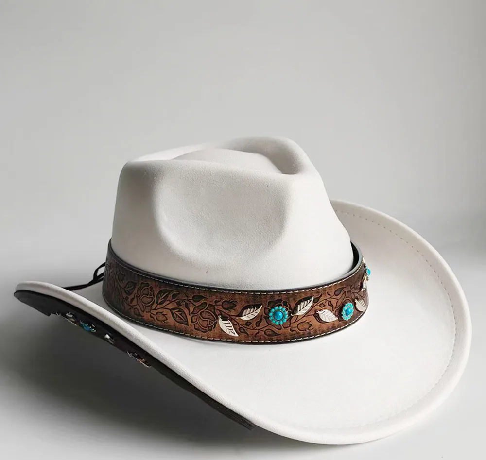 Vintage Camel Suede Western Cowboy Hat with Carved Leather Floral Band Turquoise Silver Leaves Roll-up Brim Cowgirl Hat