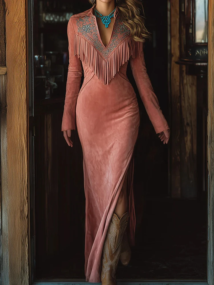 

Женское длинное платье макси с длинными рукавами, бахромой и пэчворком, V-образный вырез, осенне-зимнее, шикарное, повседневное, приталенное, элегантное, модное, для вечеринок, уличный стиль