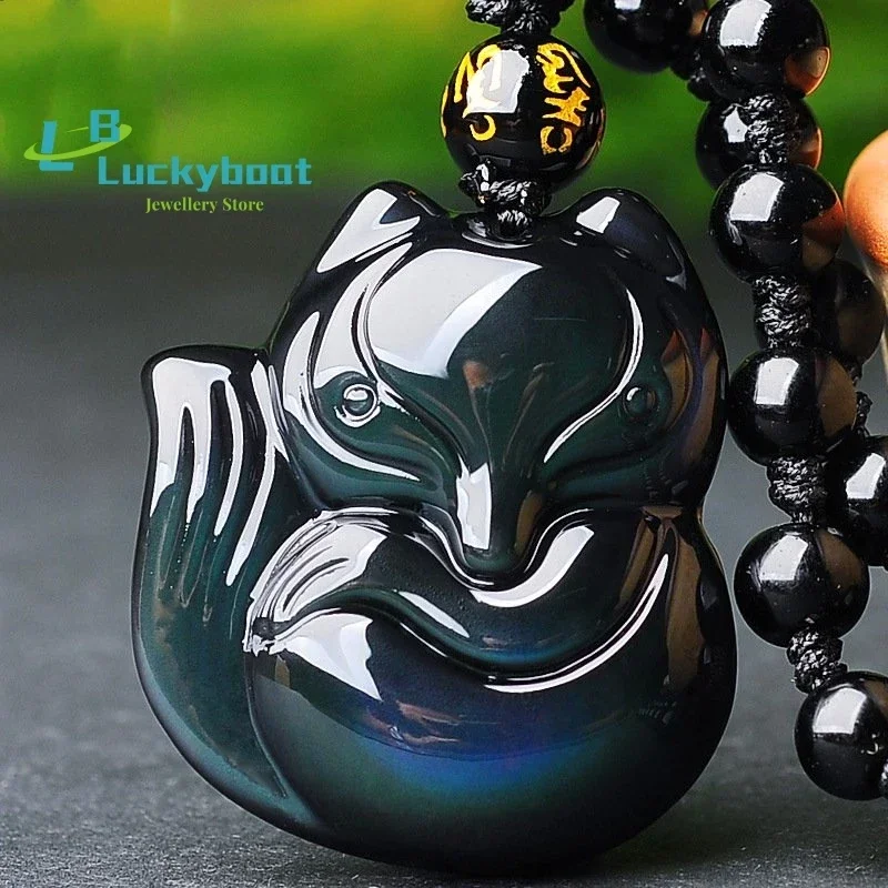 Natural Rainbow Eye Obsidian Hand Carved Nine Tail Fox Pendant Fashion Boutique Jewelry Men's and Women's Necklace gift jewelry