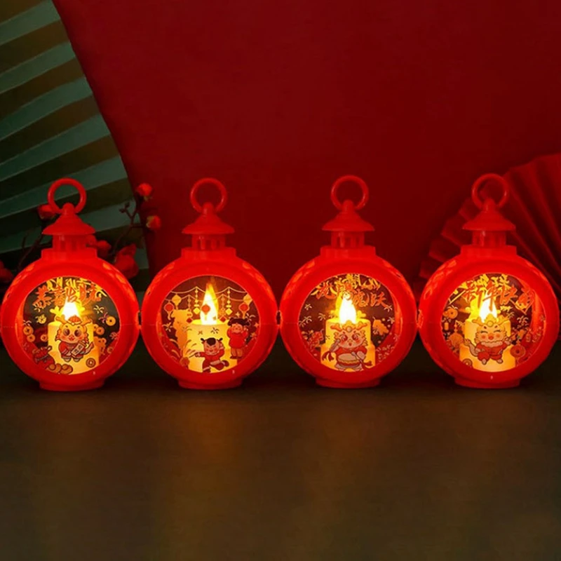 فوانيس قمرية صينية للعام الجديد ، فانوس رياح مستدير مضاء بإضاءة ليد ، مصباح يدوي لمهرجان التنين ، فانوس