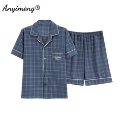 Pijamas a cuadros de talla grande para hombre, ropa de casa de algodón, cárdigan con solapa, pantalones cortos de verano, ropa de dormir para niño, L-5XL