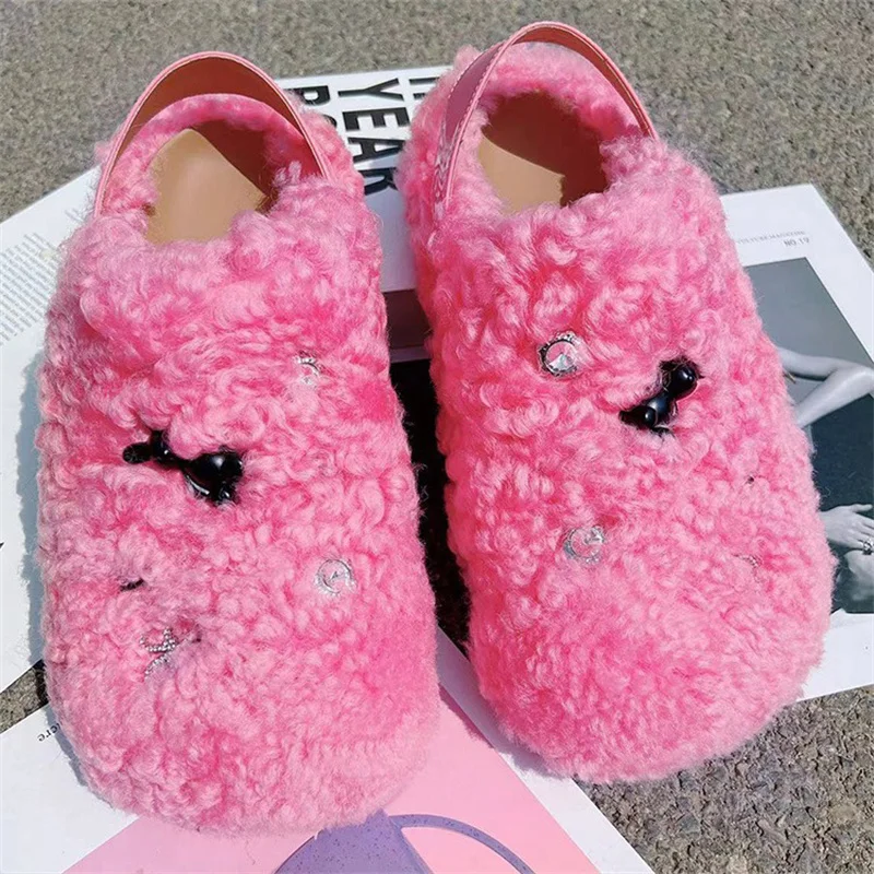 Creative Design Baotou Fur Slippers Solid Color Wool-fur Warm Fashion Slippers Winter Outdoor Ladies Fluffy Slippers