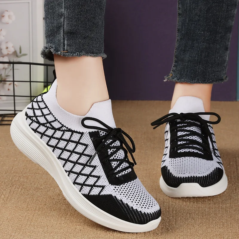 

Autumn New Casual Sports Shoes Women's Fashion Round Head Color Mesh Cloth Breathable Front Lace-up Soft Sole Flat Shoes