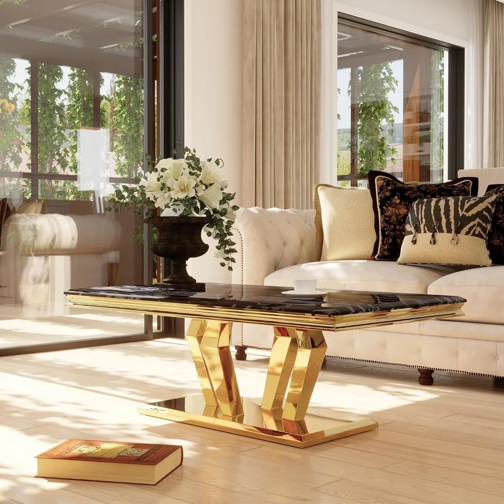 ゴールドコーヒーテーブル、黒とゴールドのコーヒーテーブル、4つの幾何学的なミラーベース付き、金属フレーム付きの長方形ティーテーブル