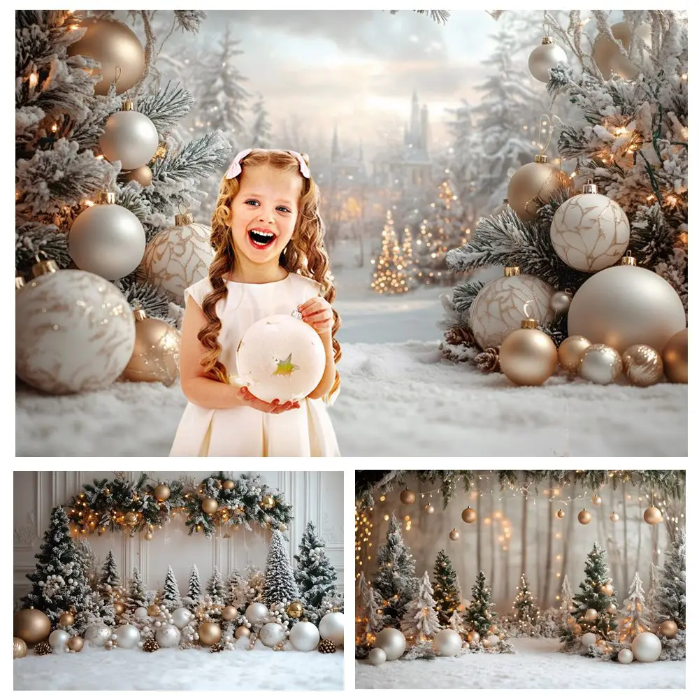 Winter Christmas Backdrop Pine Trees Bells Outdoor Snowfield Kids Portrait Photography Background Decor Photostudio Photobooth