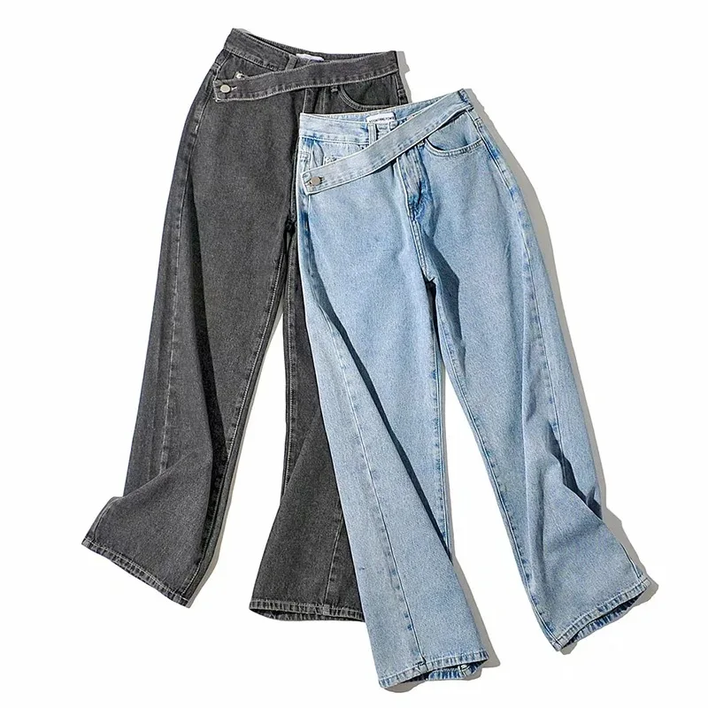 High Waisted Diagonal Belt Jeans Loose Women's Wide Leg Pants New Fashion Straight Denim Panrts Versatile Floor Mopping Trouser