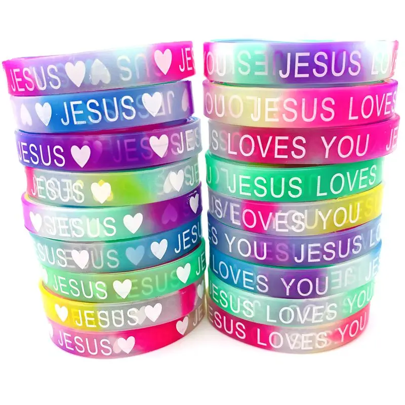 20pcs Natural Silicone Bangle Bracelets Jesus Loves You Religious Fashion Jewelry Wristbands