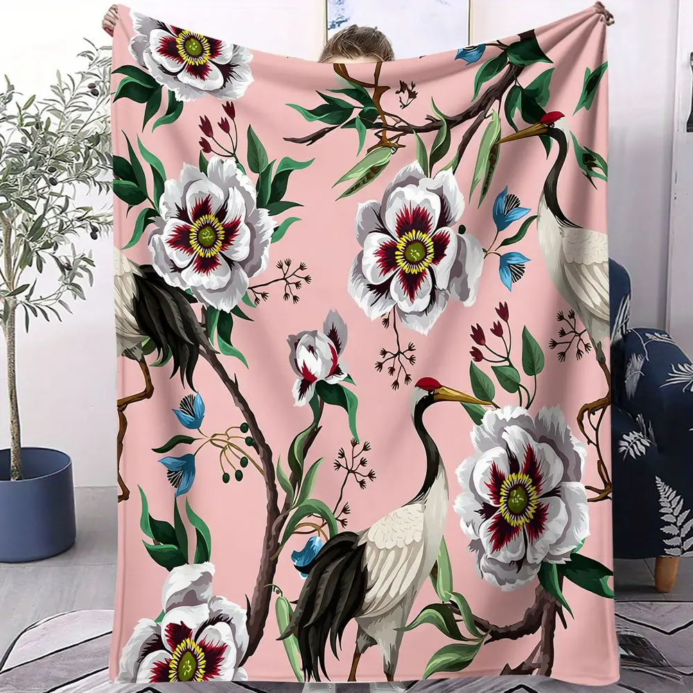 Peony Crane Floral Print Blanket Flannel Blanket Throw Blanket Warm Blanket Gift Blanket Elegant Lady Guest Room Wrap