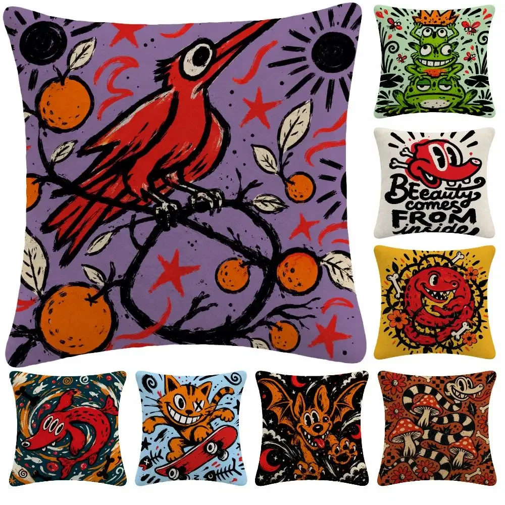 Art Doodle R-Retro Cartoon Monster Mushroom Cushion Cover Soft Plush Decorative Sofa Bedroom Living Room Car Dorm Home Decor
