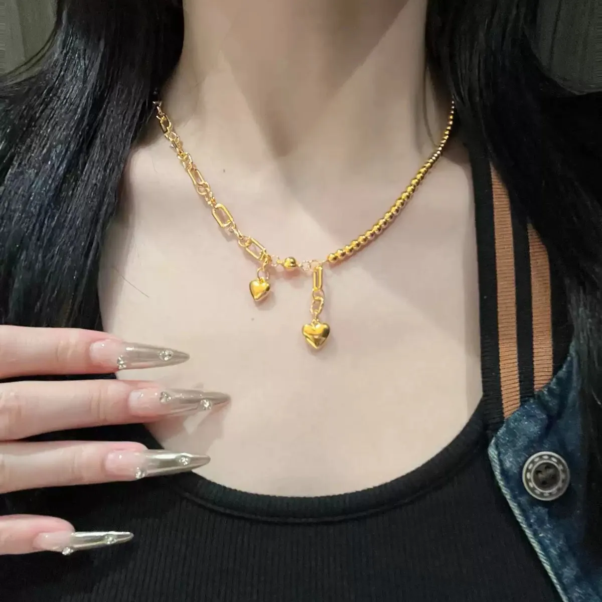 Women Light luxury vintage retro AB chain double love tassel necklace 9999 24K real gold necklace as a gift for your girlfriend