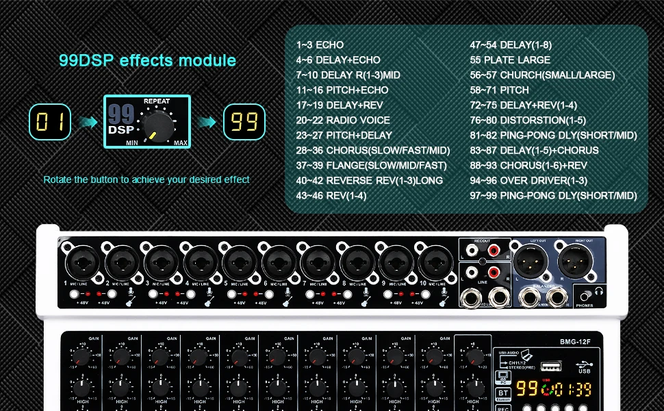 2025 vendita calda BMG-12F Console di missaggio mixer con effetto riverbero 99 integrato audio USB professionale a 12 canali con mixer Bluetooth per