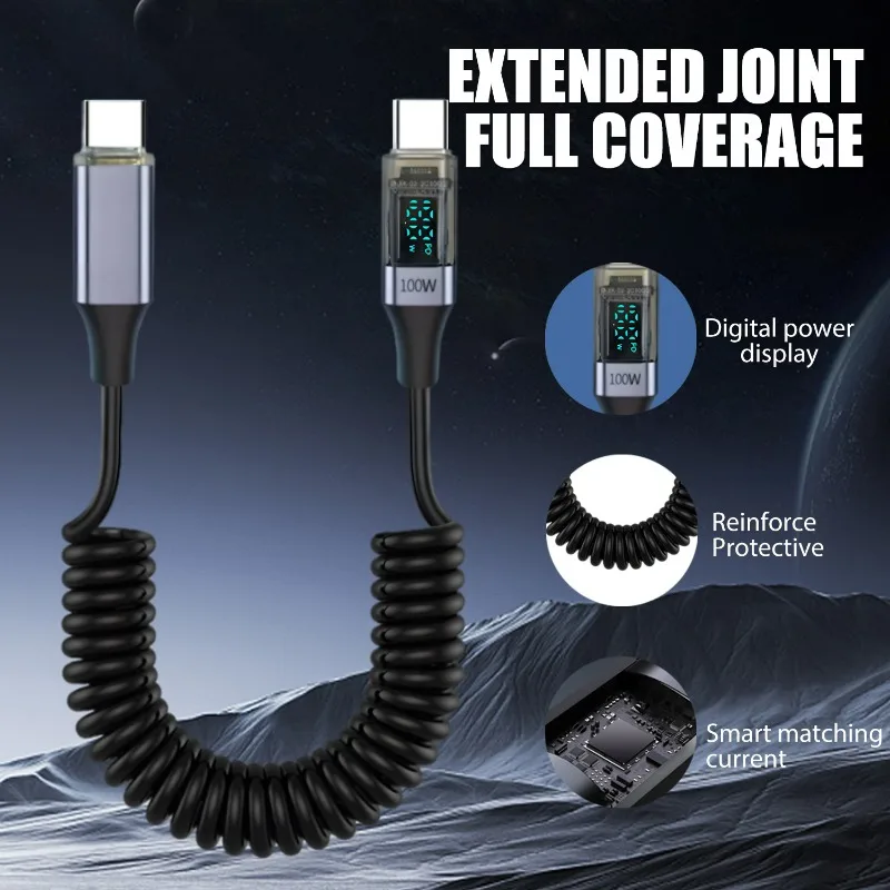 100w Dual Type C LED Digital Display Spring Cable for Samsung IPhone Xiaomi Huawei OnePlus Fast Charging Cord Spring Data Cable