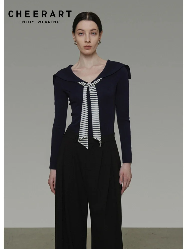 Cheerart preppy gola de marinheiro manga longa malha superior e blusa mulher gravata pescoço azul real malhas 2025 roupas outono