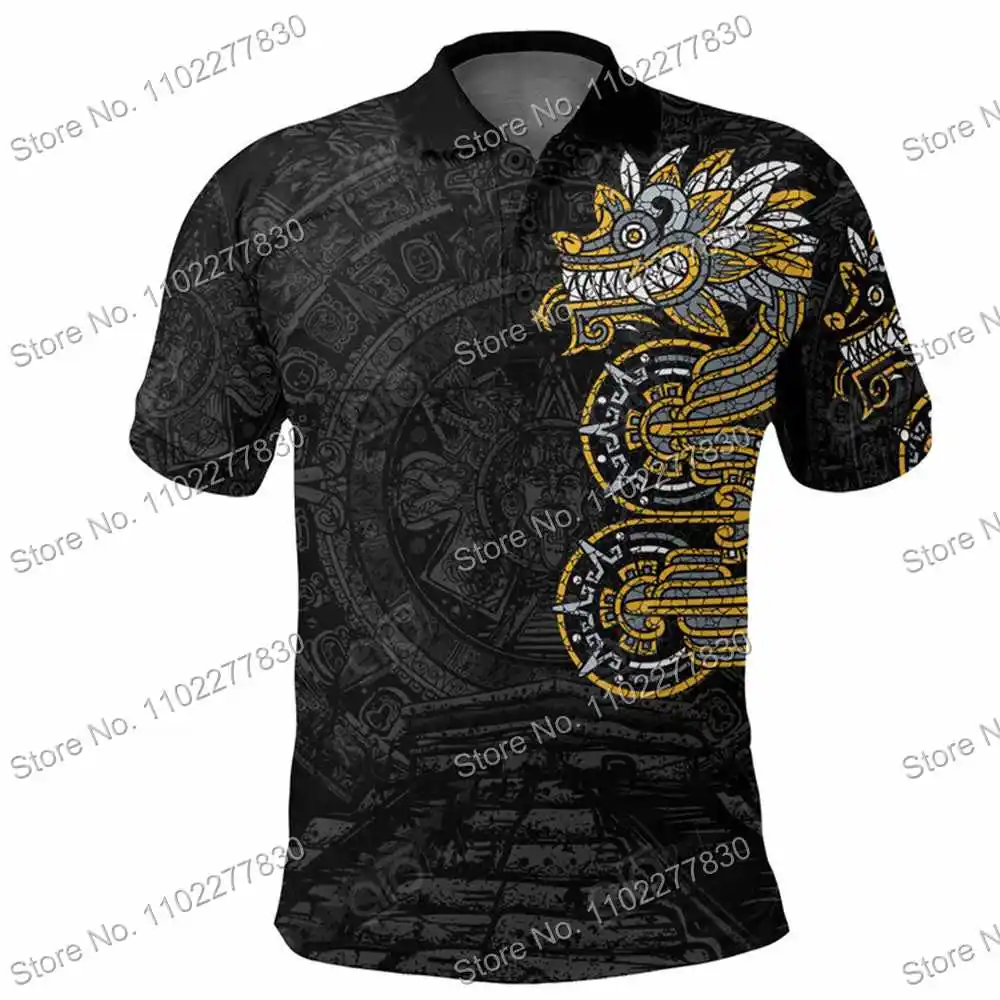 2022 Mexico Quetzalcoatl Mexican God Aztec Polo Shirts Men Short Sleeve Jersey Summer Classic Tech Tee Tops Business Clothing