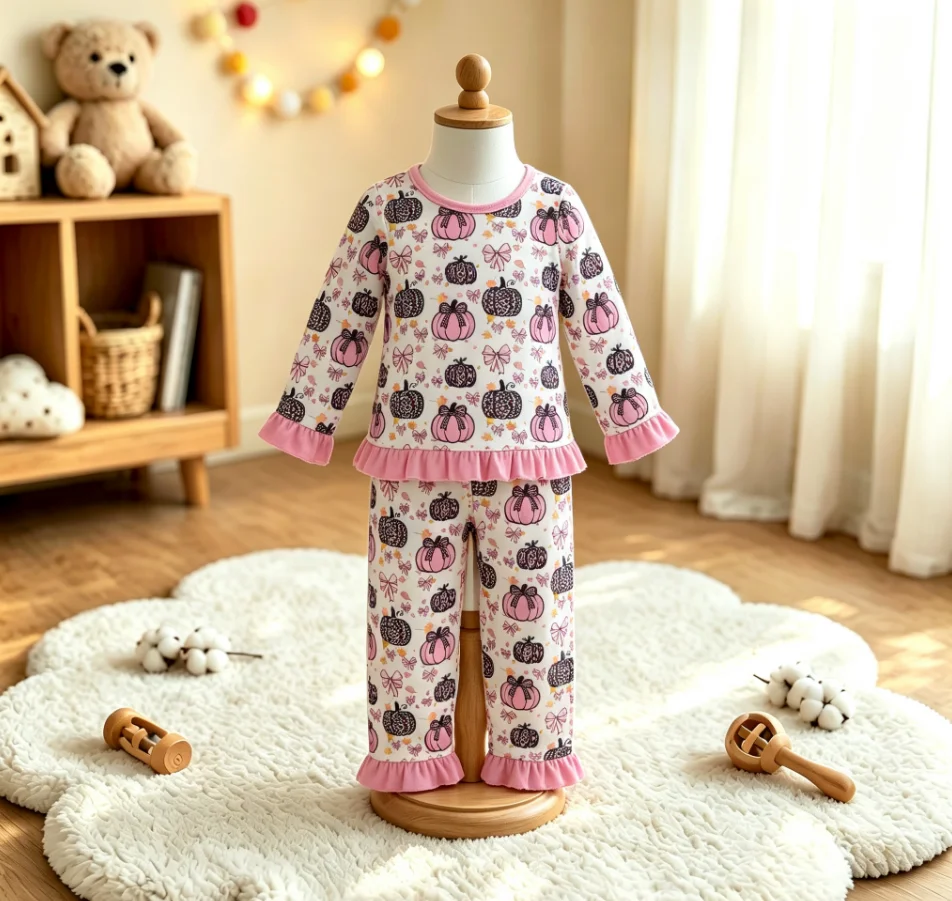 Wholesale Kids Girl Thanksgiving Clothes Pumpkins Bows Shirt Baby Children Ruffle Pants Fall Set Toddler Outfits