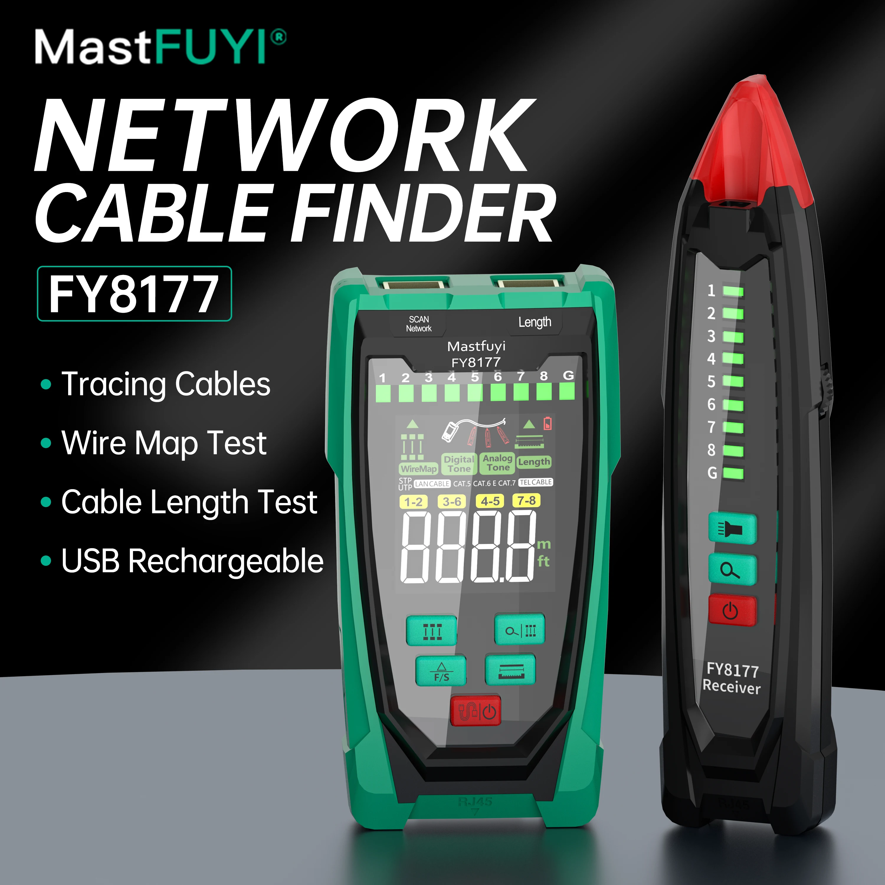 MASTFUYI FY8177 Network Cable Tester LCD Digital Network Line Finder Anti-Interference Wire Tracker PoE Checker Wire Meter