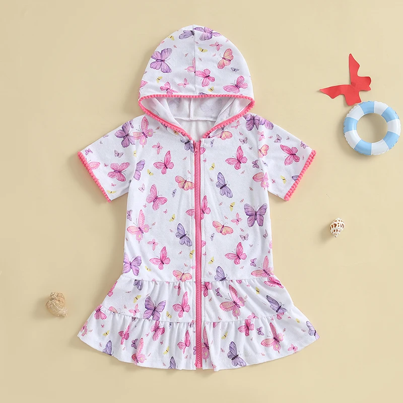 Kid Girls Butterfly Print Short Sleeve Hooded Dress Swim Cover ups Zip-Up Robe Towel Beachwear