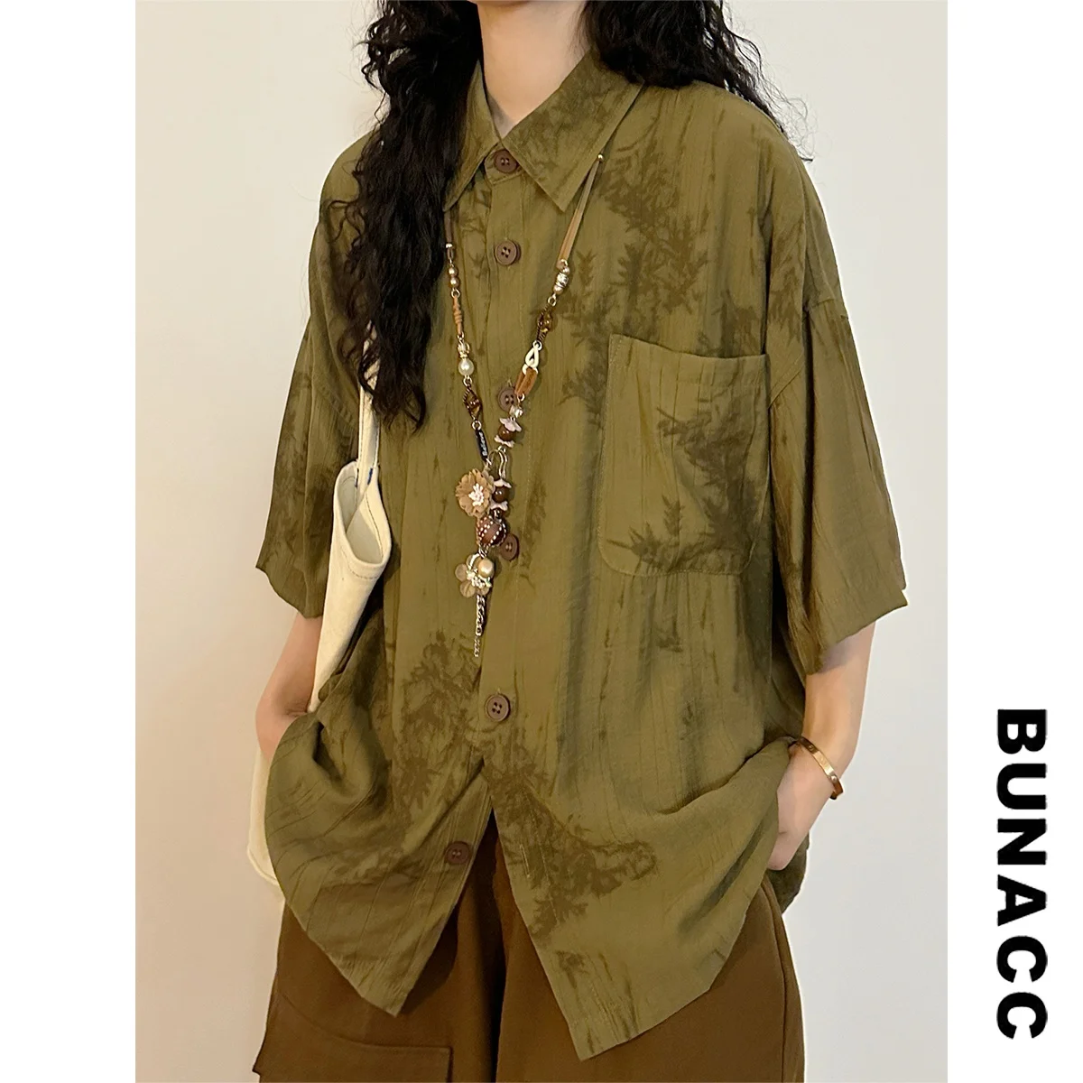

BUNACC Summer American Retro National Sle New Chinese Bamboo Le Texture Print Casual ort Sve Women's irt Top