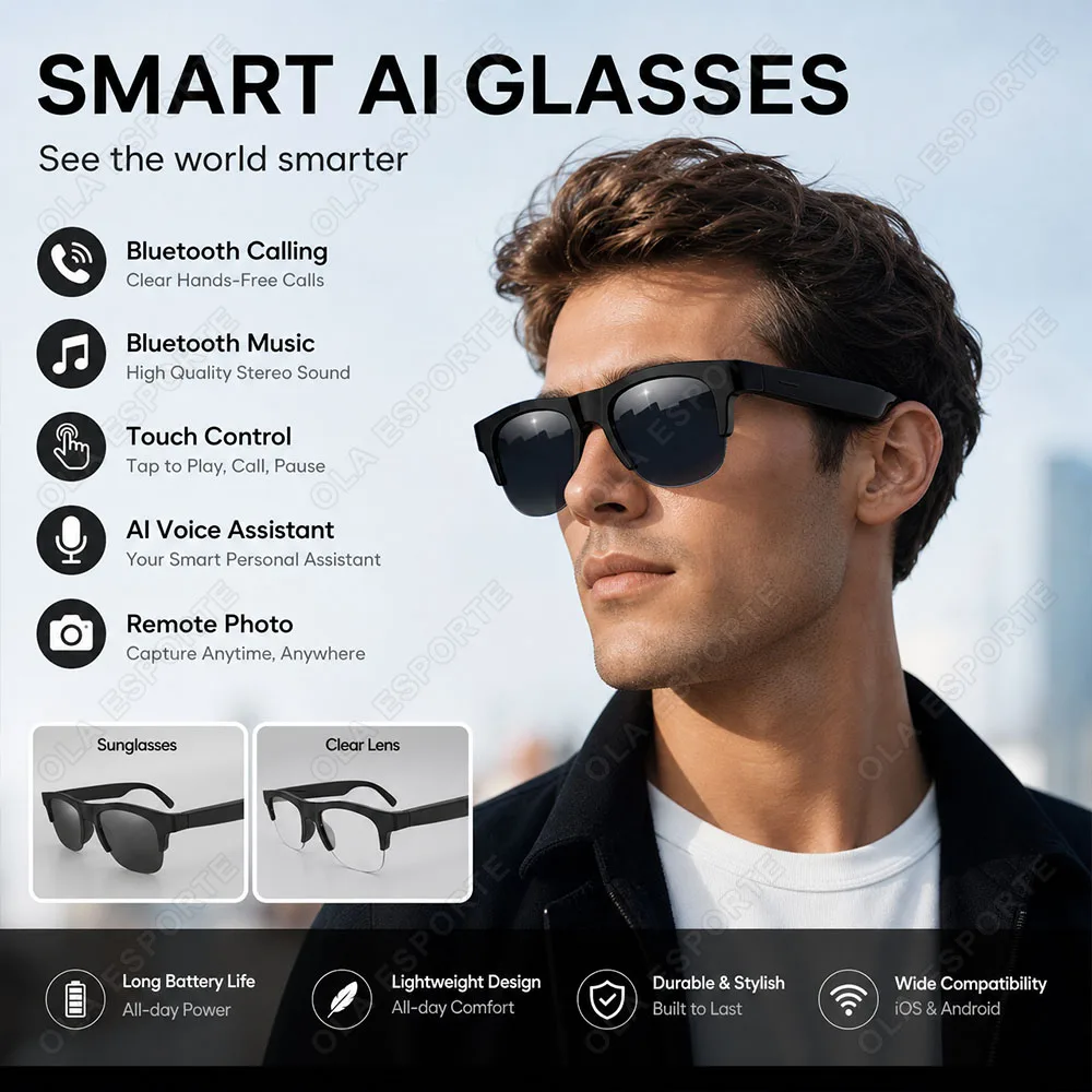 Smart Glasses HD Sound Quality Bluetooth Call Music Playback Touch Control Remote Photography Smart AI Glasses Sunglasses Q01