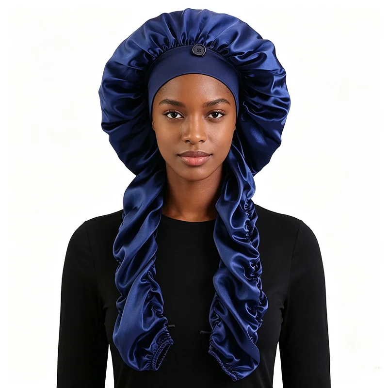 New Women's Bonnet Satin Sleeping Cap Long Tail Braid Hair Night Sleep Cap Head Cover Bonnets Shower Cap For Sauna Bathing