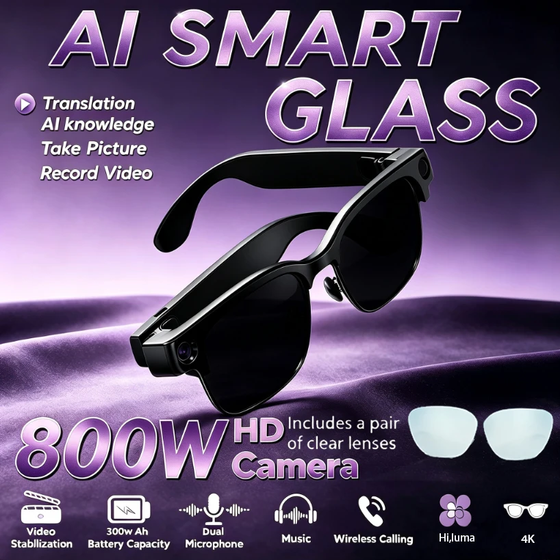AI Translation Smart Glasses 1080P/30FPS HD Recording 8MP HD Camera AI Voice Assistant Dual-Mic Noise Cancellation Smart Glasses