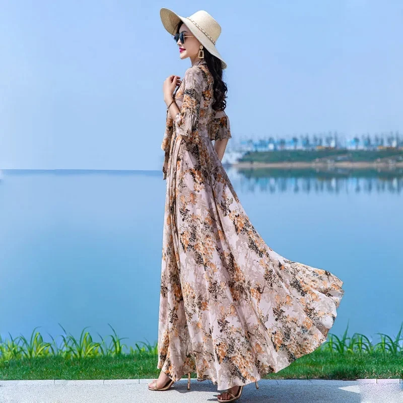 Long Printed Dress Women's 2024 New Autumn Chiffon Seaside Holiday Beach Dresses Female V-Neck Vintage Luxury Party Vestidos Y2K