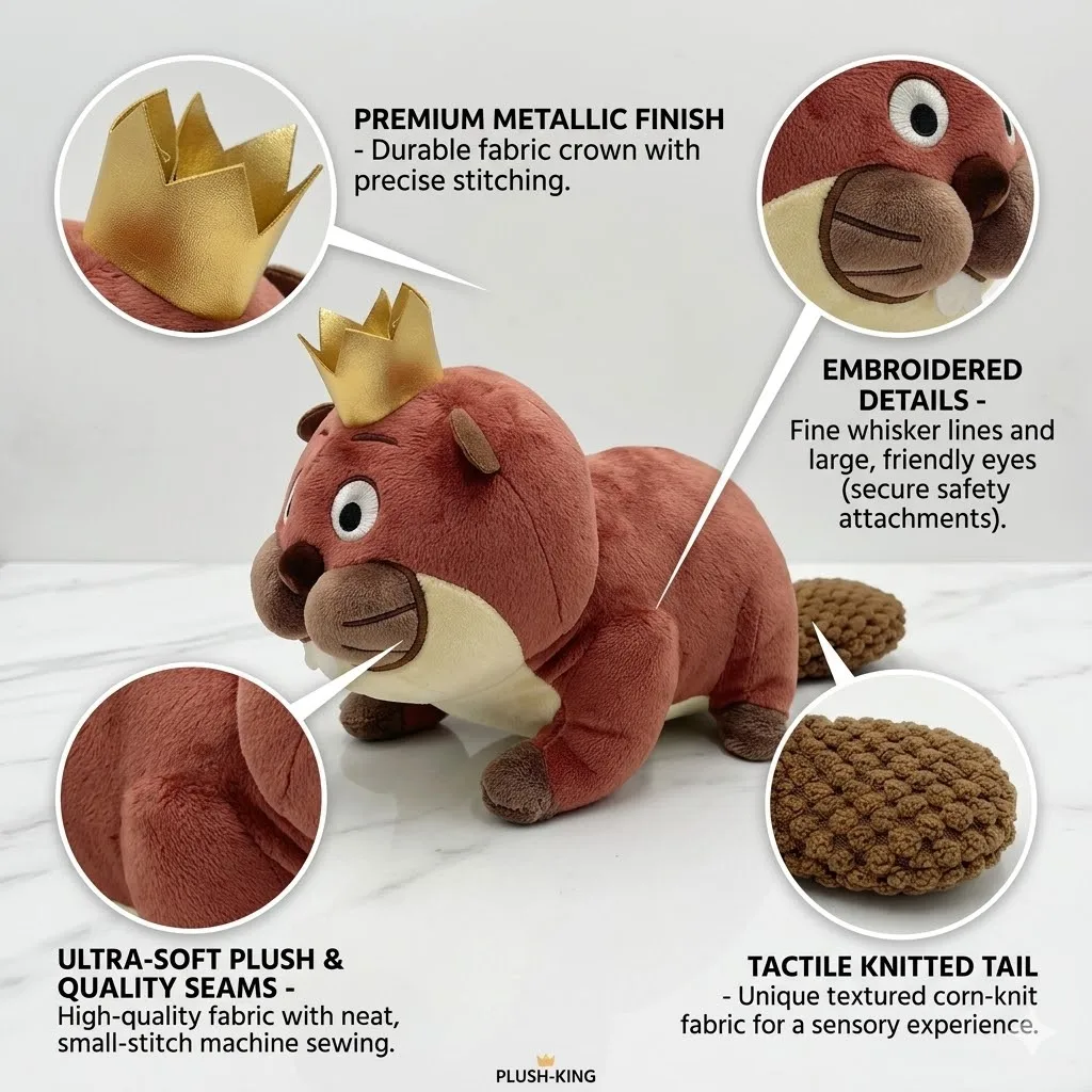 

PLUSH-KING Crown Otter Stuffed Animal Soft Beaver Plush Toy with Corn-Knit Sensory Tail & Embroidered Details Cute Gift for Kids