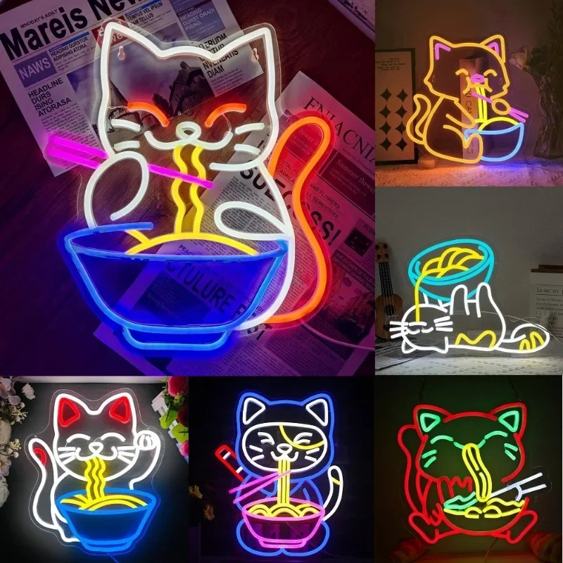 ラーメン猫ネオンサイン、レストランやカフェの装飾用の明るいled、日本のキッチンウォールアート、猫愛好家へのギフト、パーティーの装飾