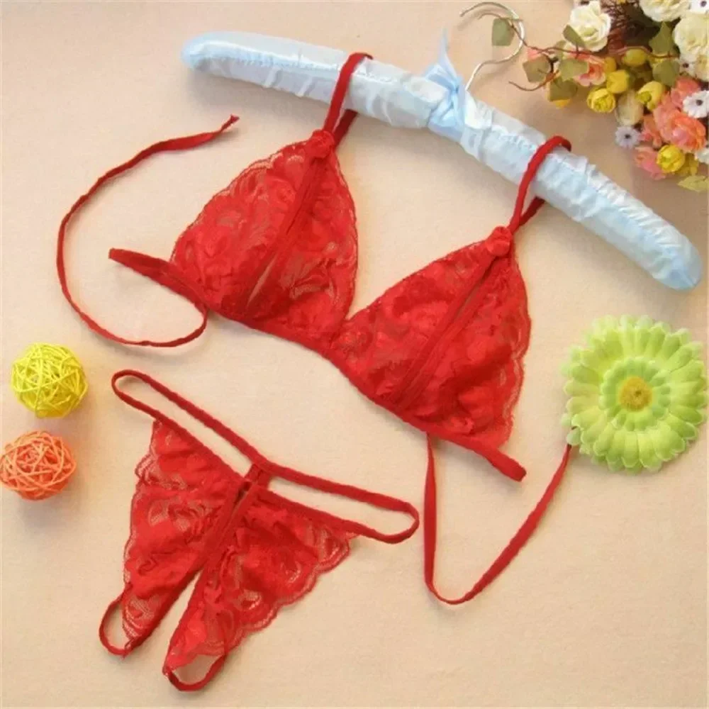 Sexy Women Seductive Underwear Suit Lace Bra Crotchless Thong Panties Erotic Sleepwear Three Point Perspective Nightwear 2pcs