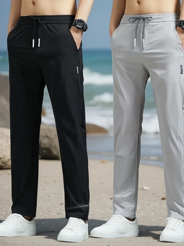 

Ice Silk Men's Summer Thin Sport Qui Dry Pants Drapey Straight Casual Spring Autumn Breathable Slim Fit Long Leisure Trousers
