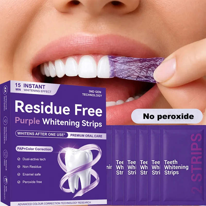 Purple Teeth Whitening Strip Improve Tooth Yellow & Smoke Stains Oral Clean Fresh Breath Dry-type Gel Teeth Whiter No Peroxide