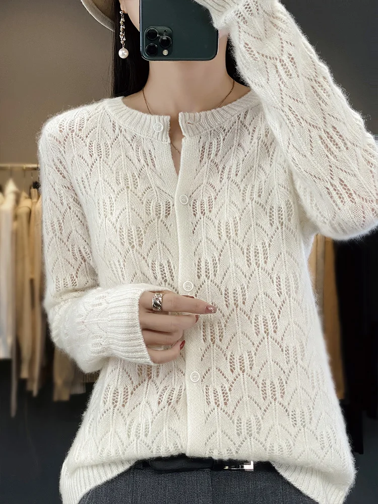 2024 Spring Autumn Women Cardigan Knitwear 100% Merino Wool Tops O-neck Long Sleeve Women Sweater Korean Popular Clothing Tops