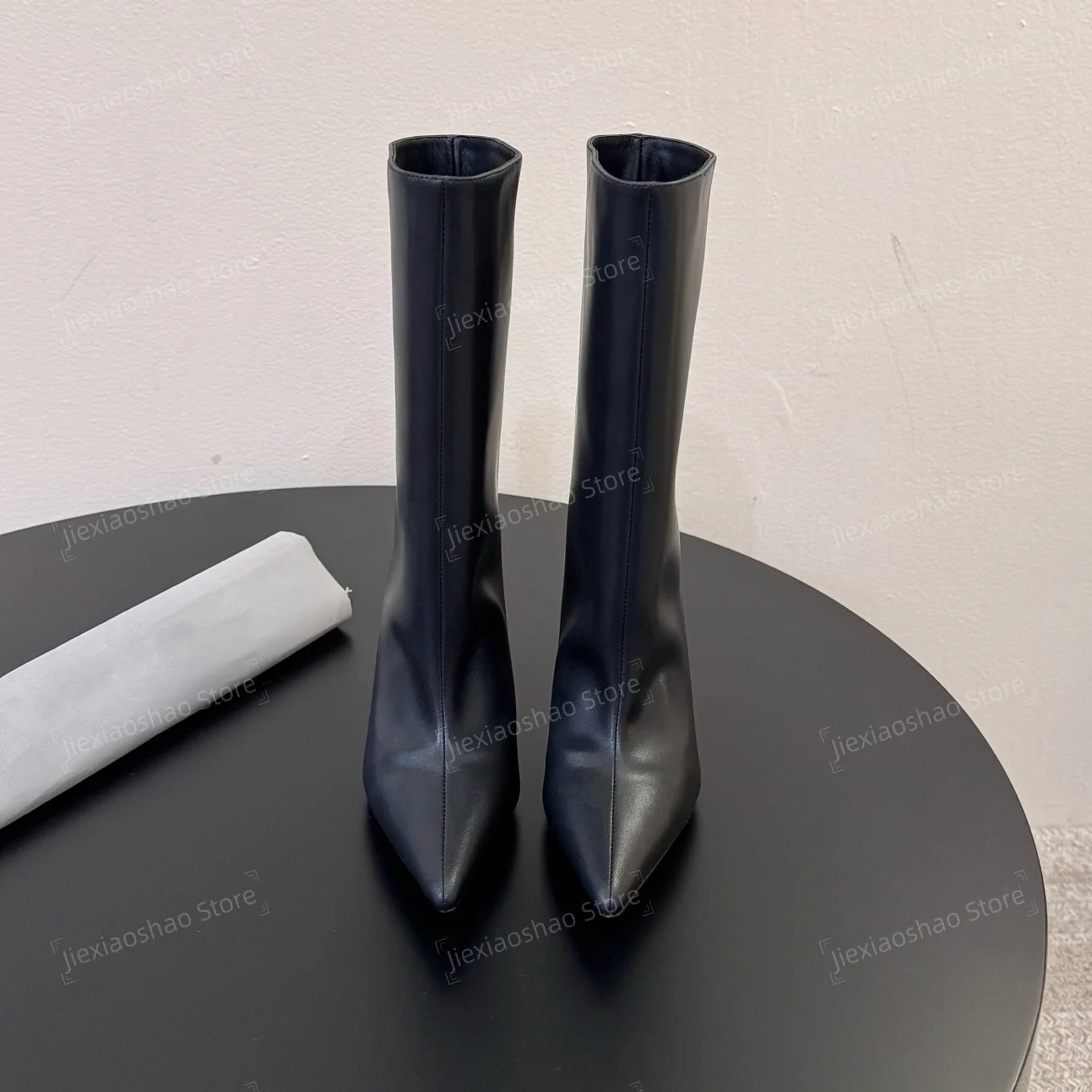 Desinger Genuine Leather Pointed-Toe Kitten Heel Mid-Calf Boots Woman Chelsea Boots Banquet Pumps Plus Size Zapatos De Mujer
