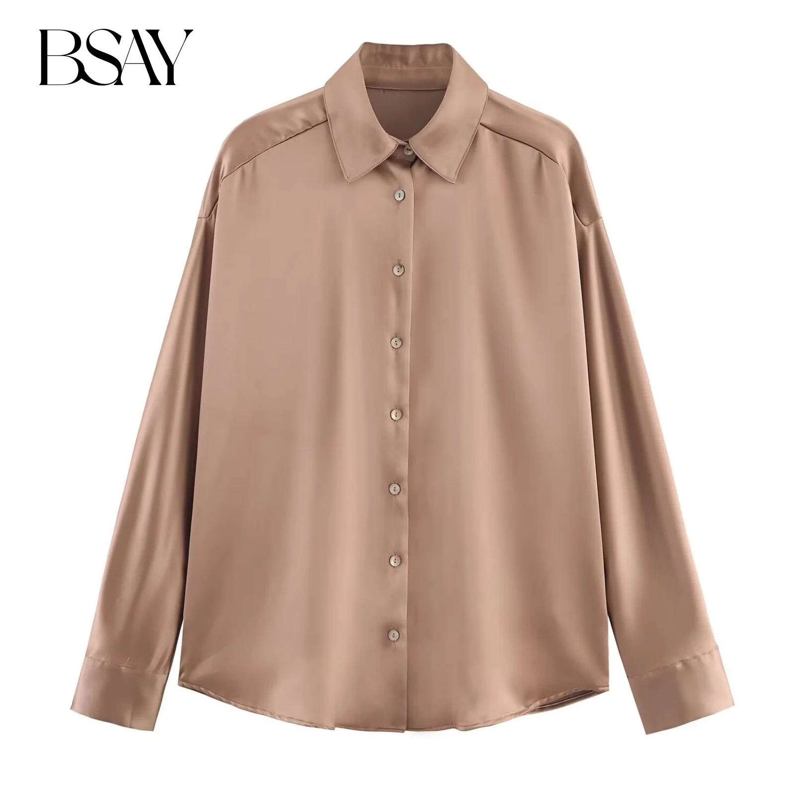 

BSAY Satin shirt women's clothing 2025 autumn new lapel loose long sleeved button up blouses chic ladies tops mujer
