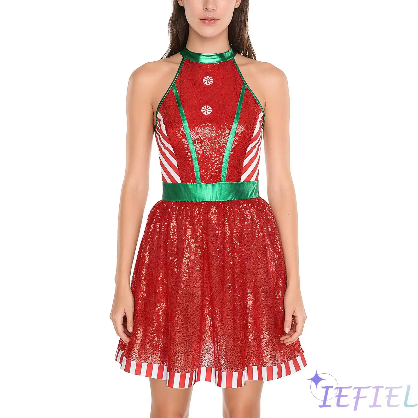 Costume da festa di Natale da donna, scollo all'americana, senza maniche, cerniera invisibile, blocco di colore, paillettes lucide, abito in tulle, abiti natalizi