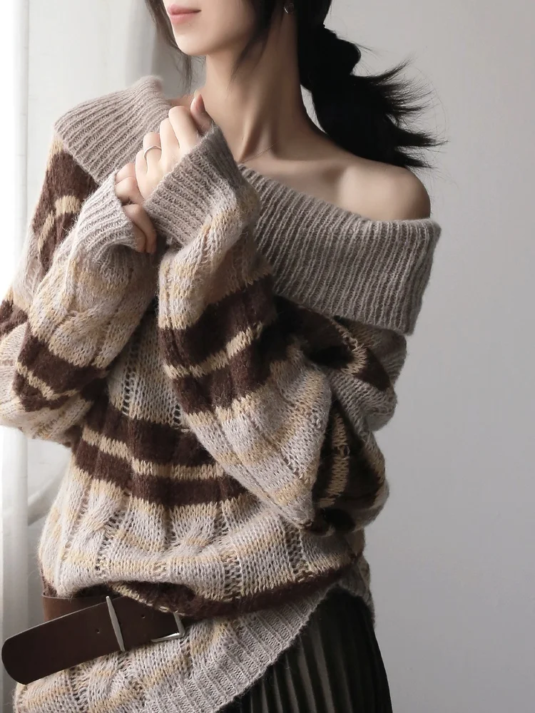 

Warmo Vintage Striped Knit Sweater Loose Fit oulder-Length Casual Women's Long Sve Soft Knitted Coffee Color One-oulder