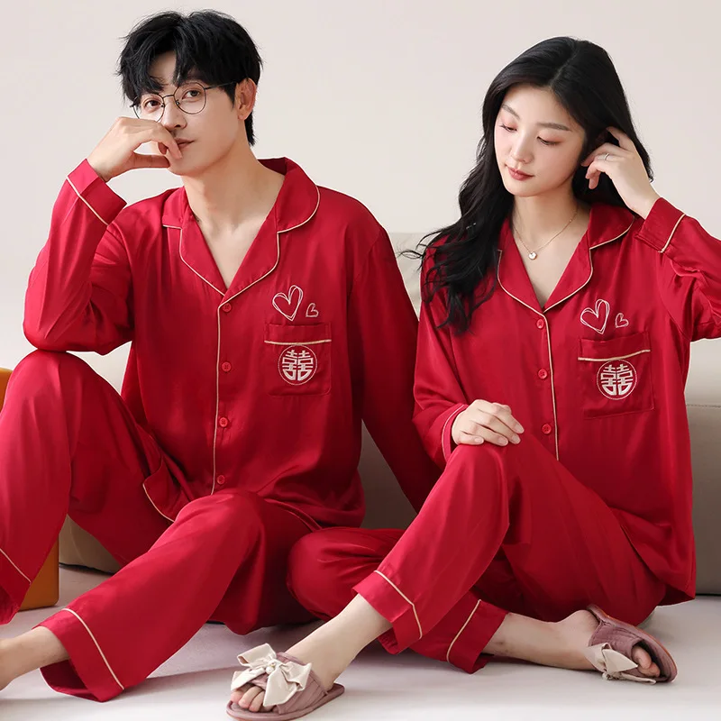 

2025 New Spring Autumn Ice Silk Wedding Couple Sleepwear Home Clothes Long Sleeve Men's Ladies Red New Marriage Set
