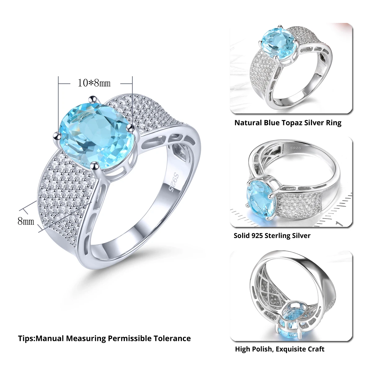 Genuine Sky Blue Topaz Silver Ring 3.5 Carats Natural Topaz Unisex Style Fine Jewelry Simple Classic Design S925 Jewelrys