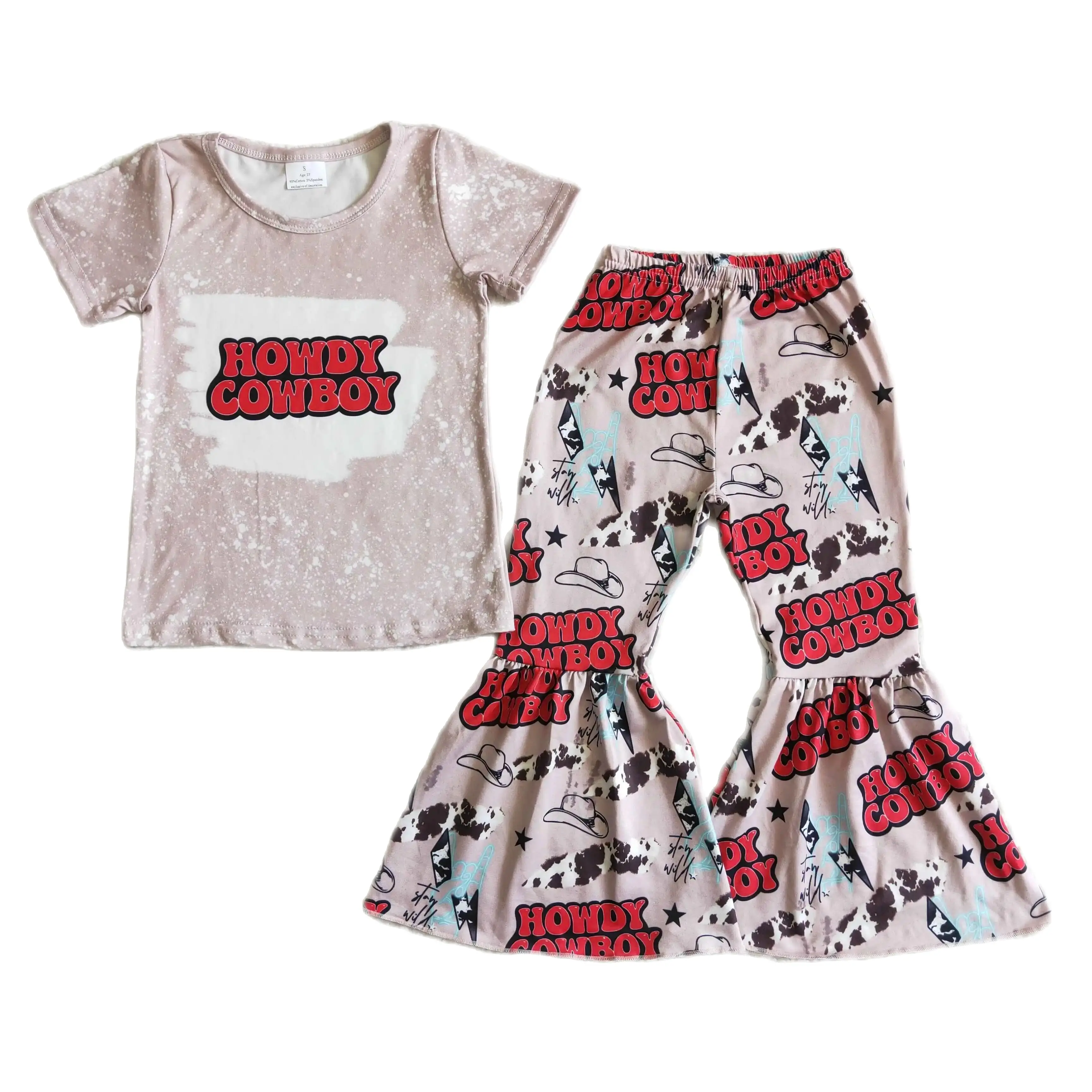 C3-30 Kids Girls Summer Outfit  Sets  Short Sleeves Top COW BOY  Letters Print  With Boot Cut Pant  Children Clothes