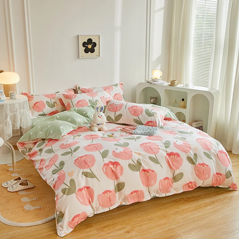 1PC Duvet Cover Beige Pink Tulip Light Green Dot Patchwork Skin-Friendly All-Season for Single Double Queen King Bed