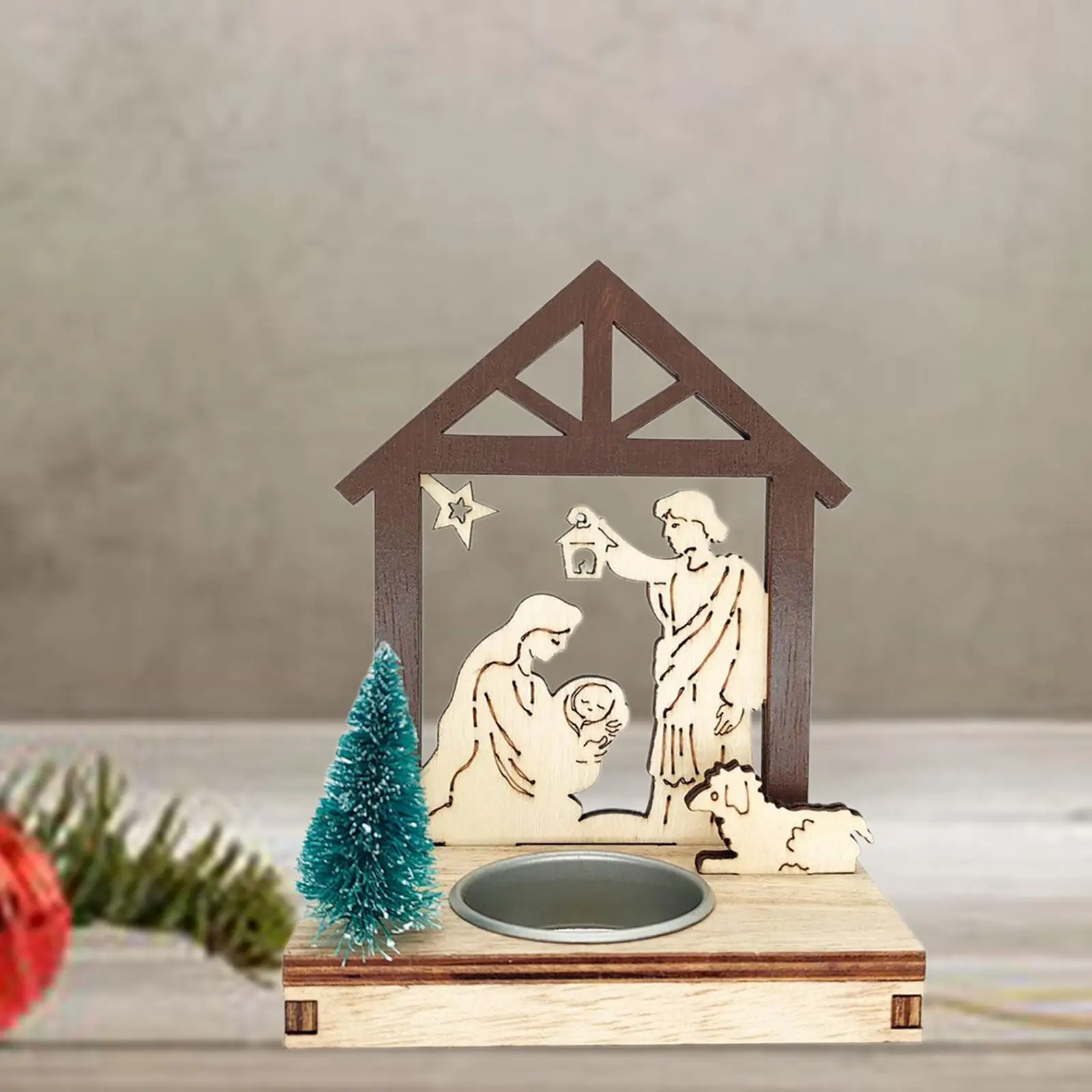 Christmas Nativity Scene Candle Holder Birth of Jesus Scene Wooden Structure