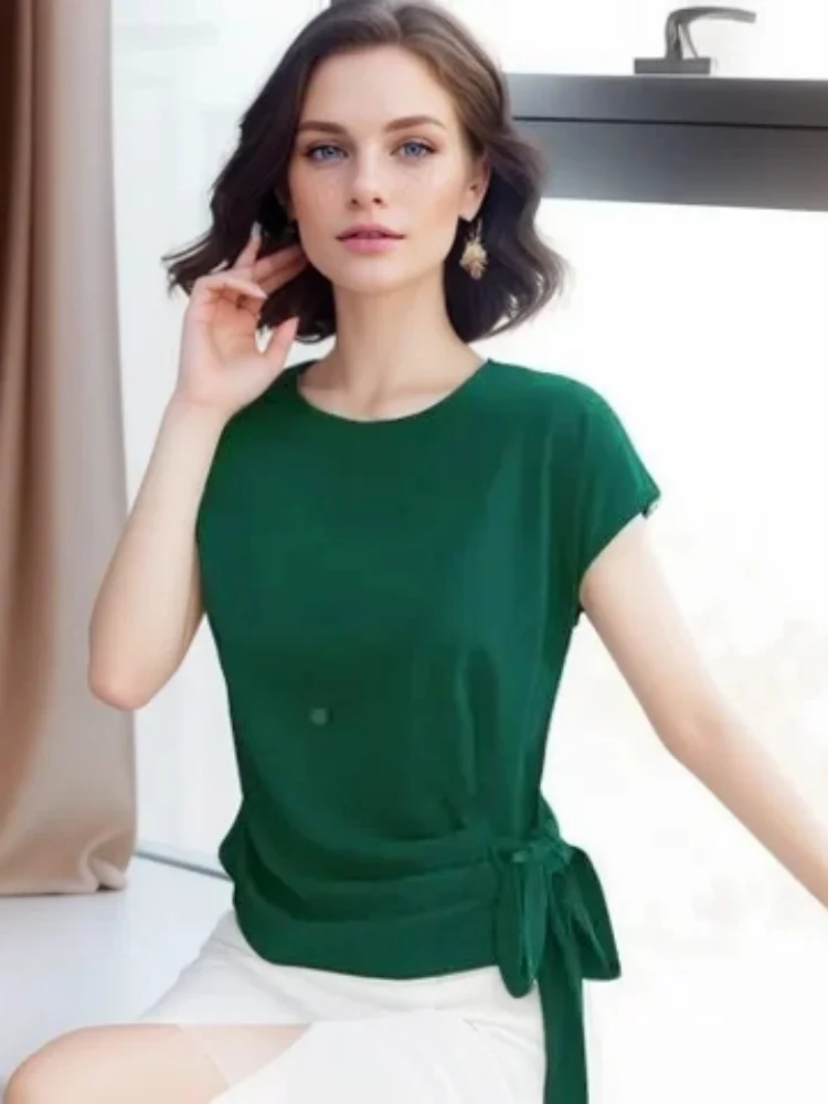 Fashion Summer Short Sleeve Silk Women\'s Blouse Office Lady Elegant Bow Shirts Casual Loose Clothing