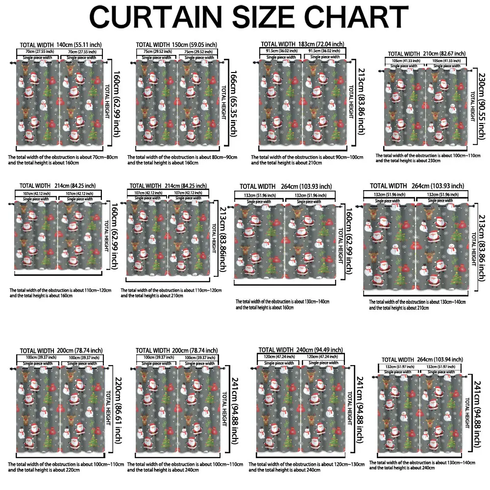 90-gram, two-piece printed curtains with Christmas-themed designs: Santa Claus, snowmen,snowflake decorations. Machine-washab