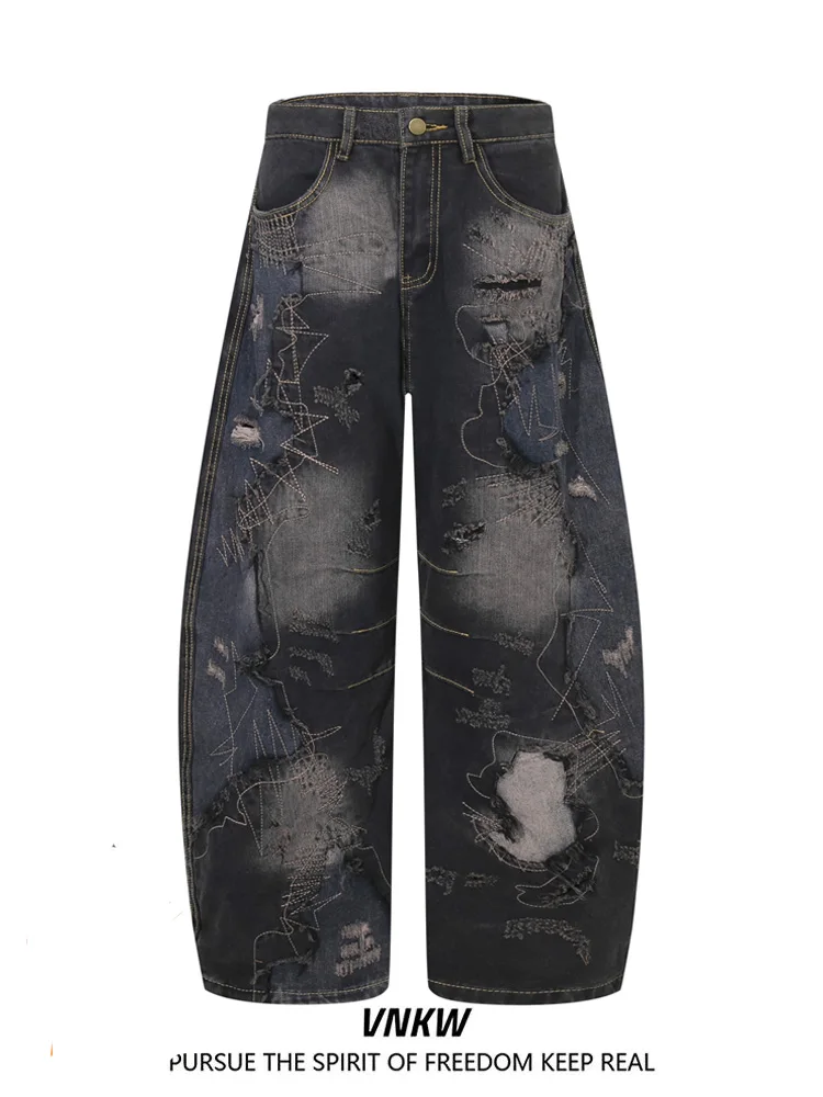 

American Retro Distred Denim Jeans High Waist Loose Fit Men's Casual Floor-Length Pants Women's Slimming Effect