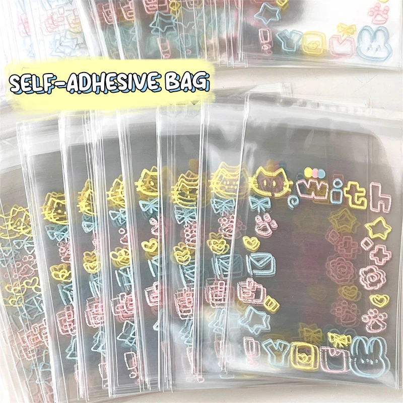 Sacs auto-adhésifs de dessin animé pour chaton, graffiti, bonbons, emballage alimentaire, carte cadeau, petit sac d'opp transparent, 100 pièces