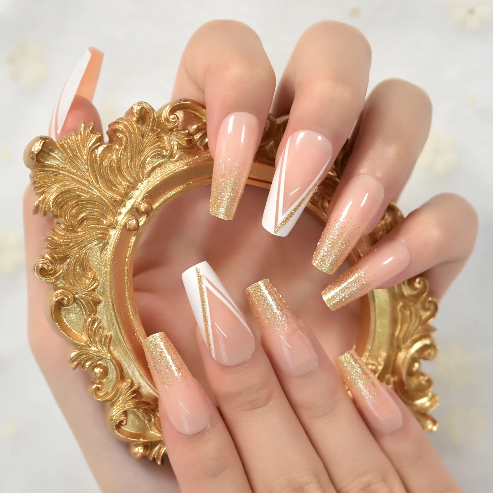 Longo caixão de bailarina nude ouro glitter imprensa francesa em unhas falsas diy manicure reutilizável falso acrílico dicas da arte do prego