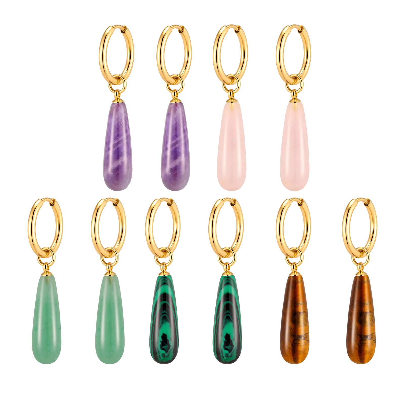 Natural Stone Drop Earrings 18k Gold Plated Stainless Steel Teardrop Amethyst Tiger Eye Rose Quartz Jewelry Nickel-Free